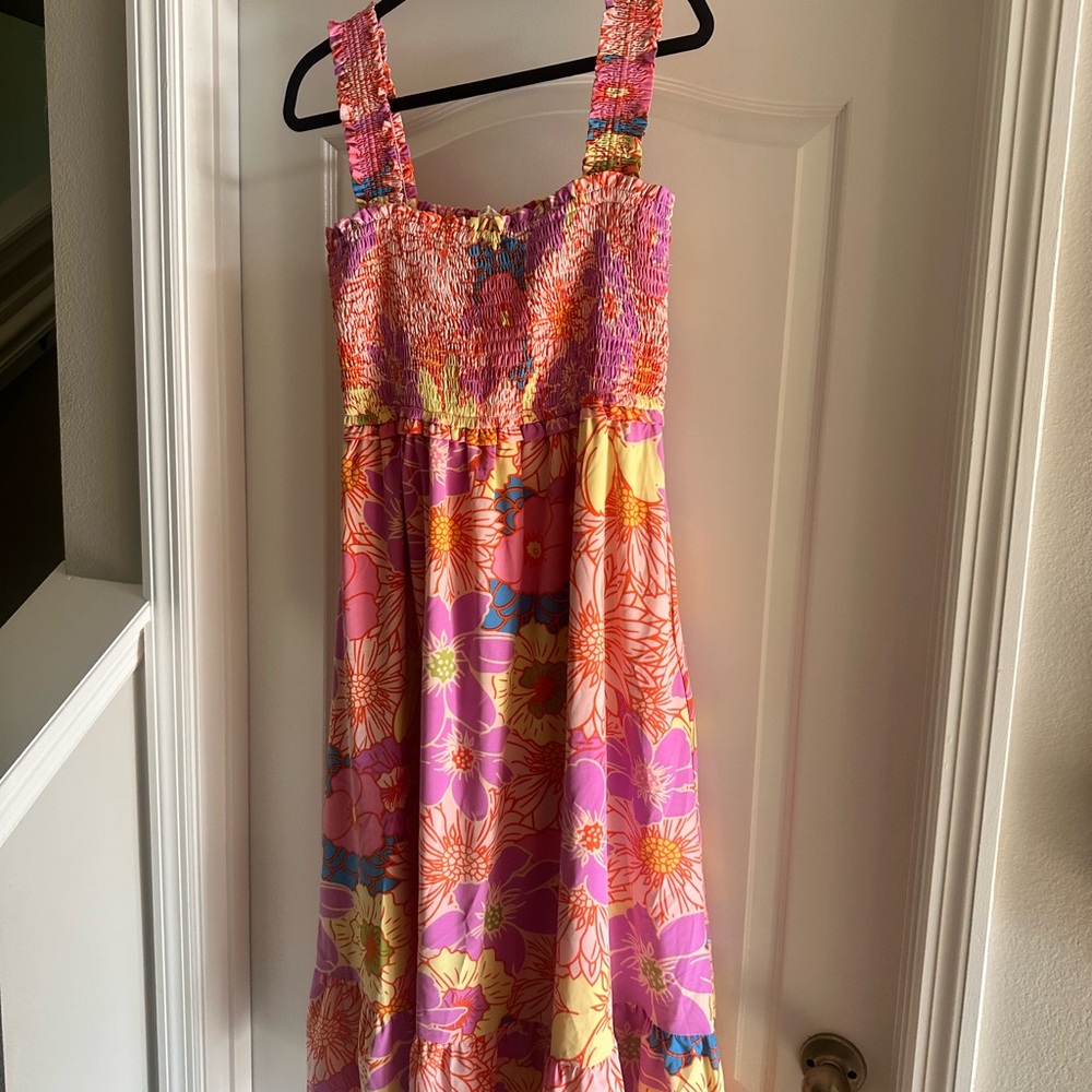 Pink and Orange Sleeveless Sundress with Square Neck